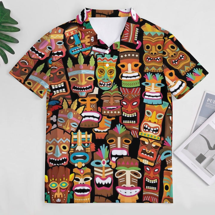 Men's Button-Down Short Sleeve TIKI Art Print Polo Shirt 2312000292