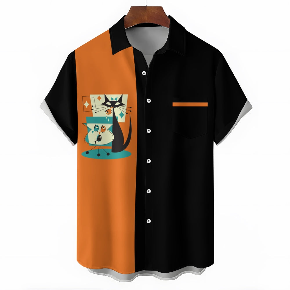 Cat And Fish Geometric Print Casual Short Sleeve Shirt 2403000281