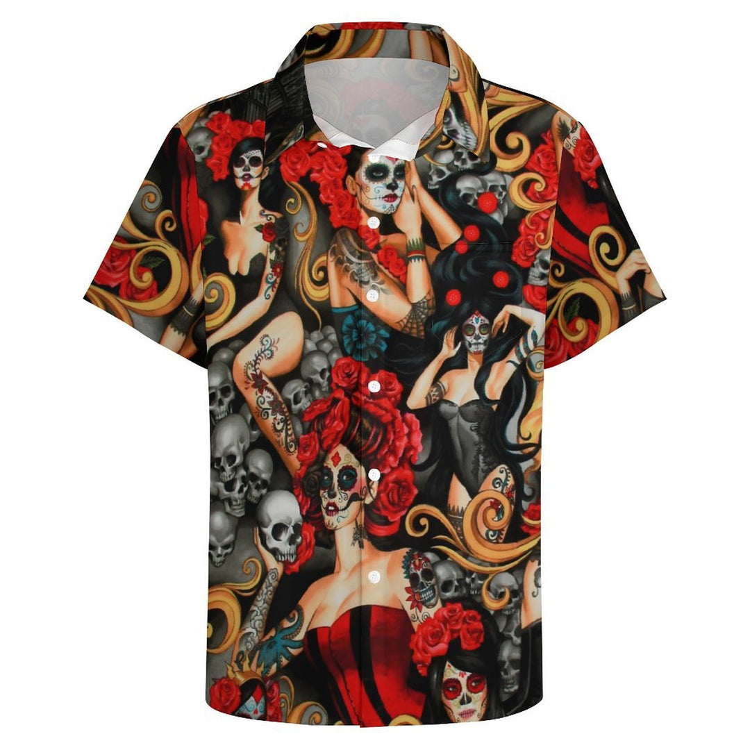 Retro Mexican Culture Girl Casual Short Sleeve Shirt 2401000212