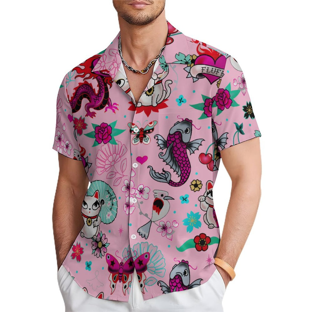 Men's Lucky Cat Koi Casual Short Sleeve Shirt 2402000088