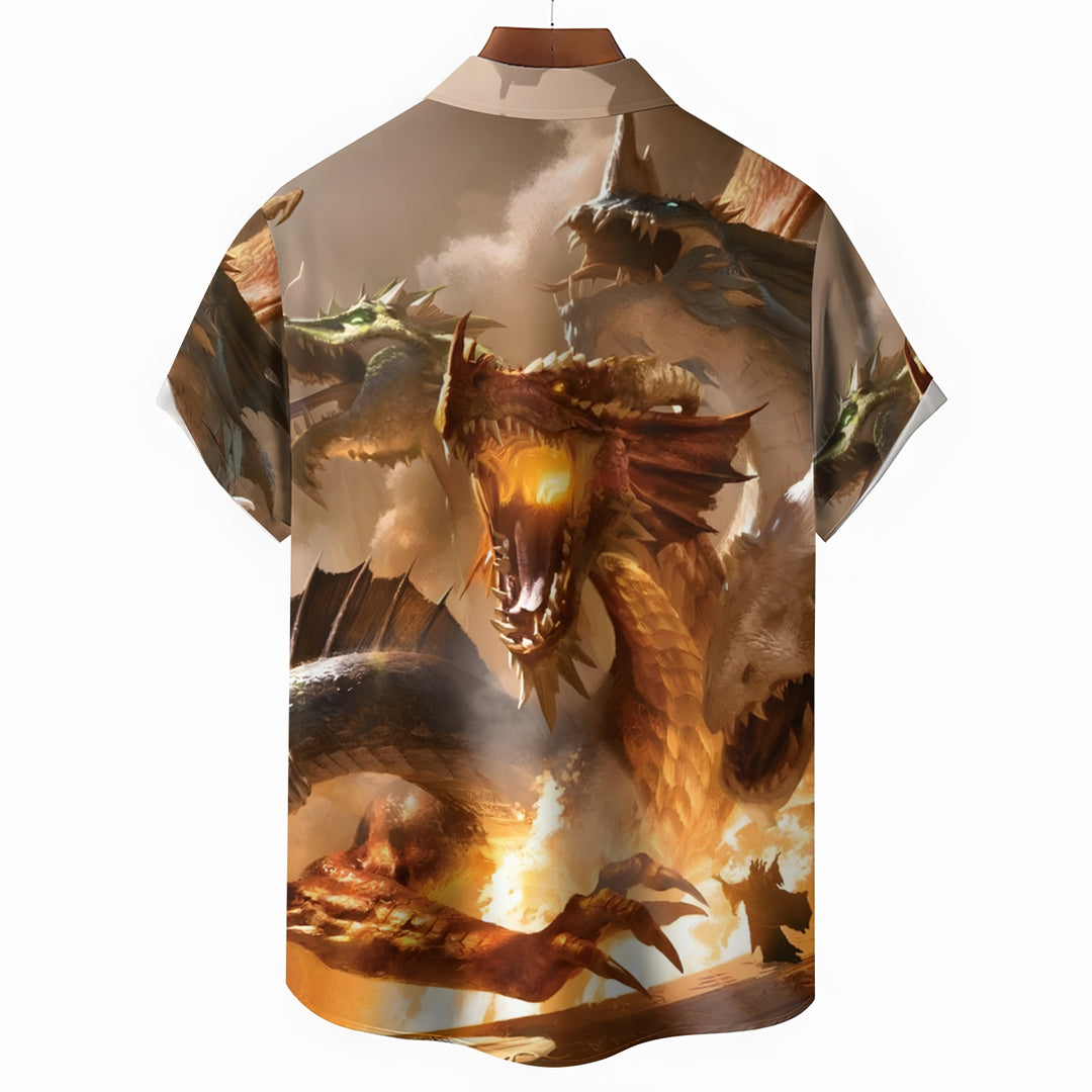 Men's Three Headed Dragon Print Casual Short Sleeve Shirt 2403000224