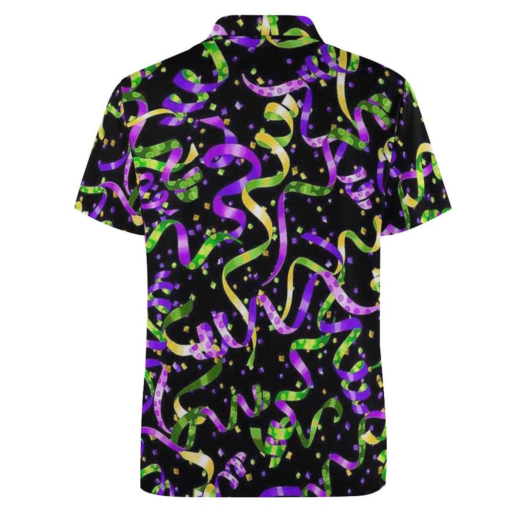 Men's Button-Down Short Sleeve Mardi Gras Print Polo Shirt 2312000268