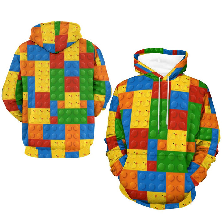 Unisex Hooded Building Blocks  Little Yellow Duck Print Sweatshirt 2312000008