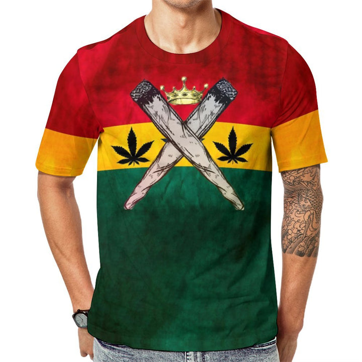 Men's Round Neck Leaf Flag Color Block Casual T-Shirt 2312000380