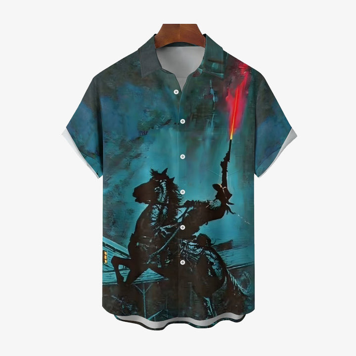 Men's Retro Denim Print Casual Short Sleeve Shirt 2402000360