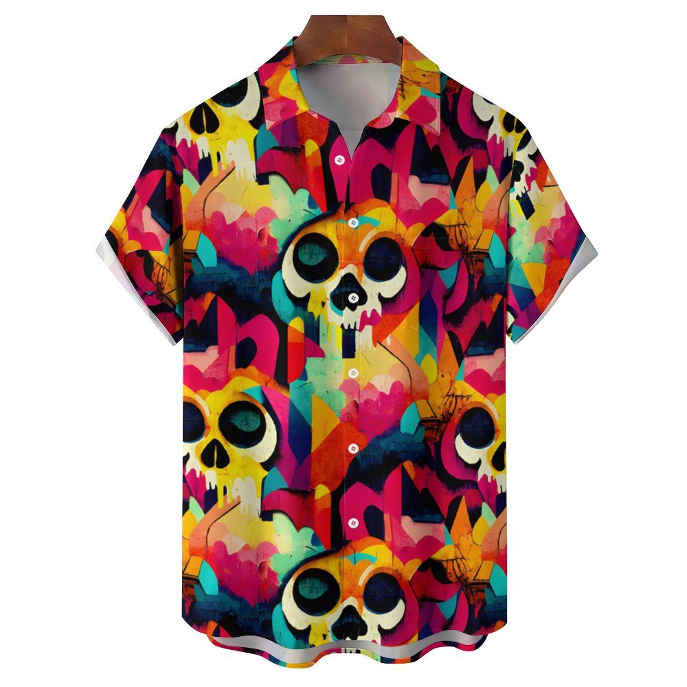 Colorful Skull Art Print Casual Short Sleeve Shirt 2402000215