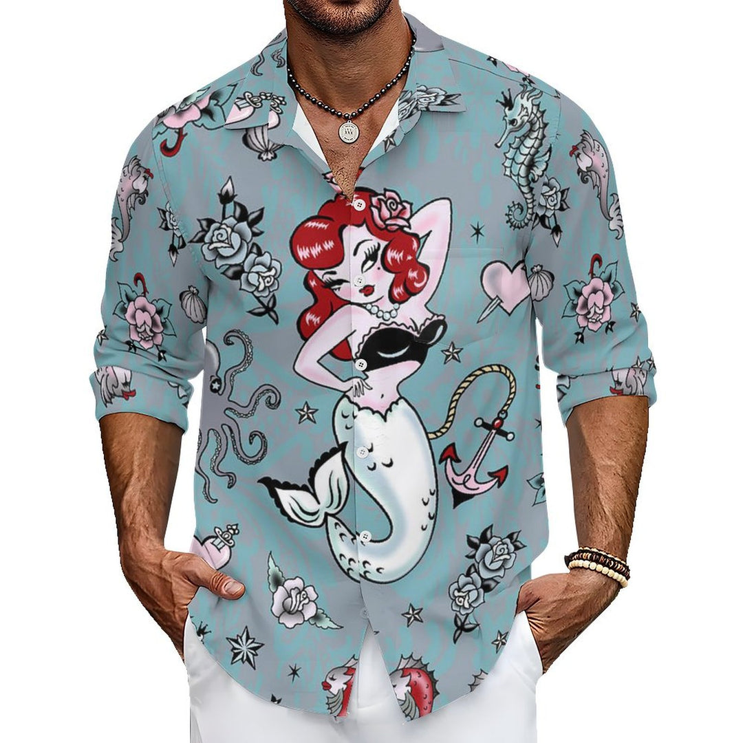 Men's Casual Mermaid and Sailor Printed Long Sleeve Shirt 2402000337