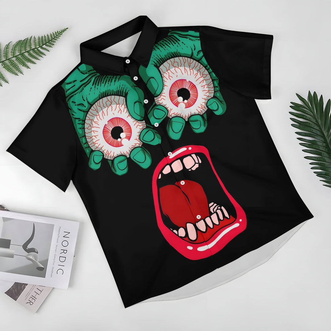 Funny Scary Eyeballs And Mouth Prints Casual Short Sleeve Shirt 2403000105