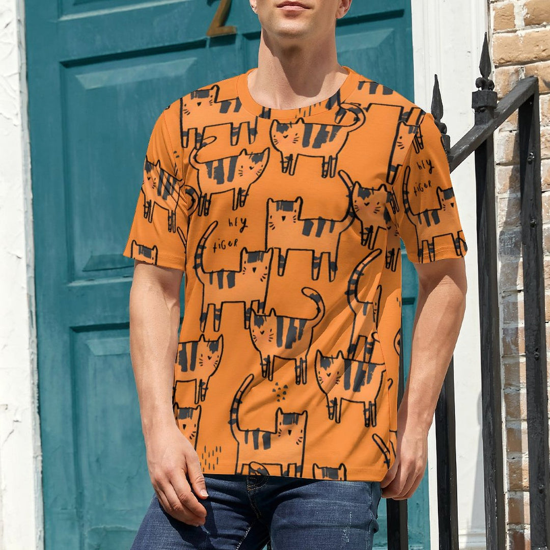 Men's Orange Cat Round Neck Casual T-shirt 2401000111