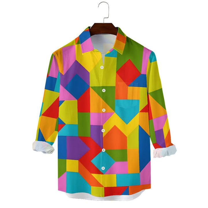 Men's Casual Colorful Geometric Blocks Printed Long Sleeve Shirt 2403000053