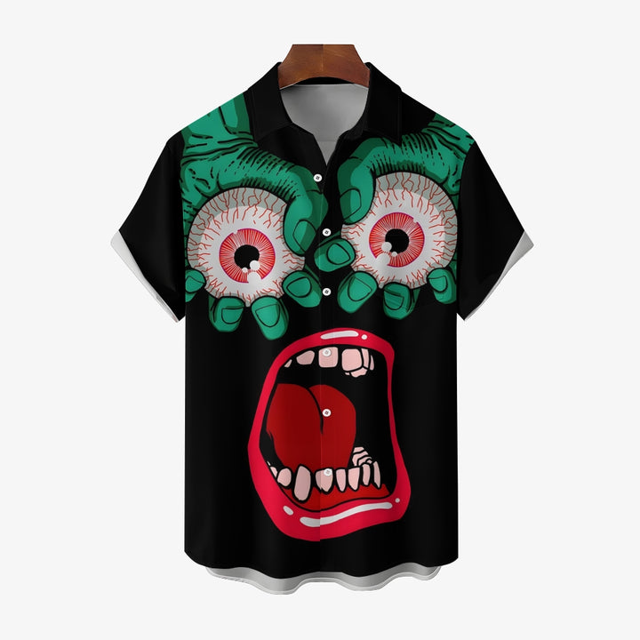 Funny Scary Eyeballs And Mouth Prints Casual Short Sleeve Shirt 2403000105