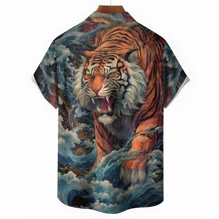 Retro Tiger Art Casual Short Sleeve Shirt 2402000053