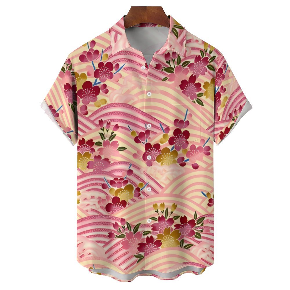 Men's Sakura Art Print Casual Short Sleeve Shirt 2402000321