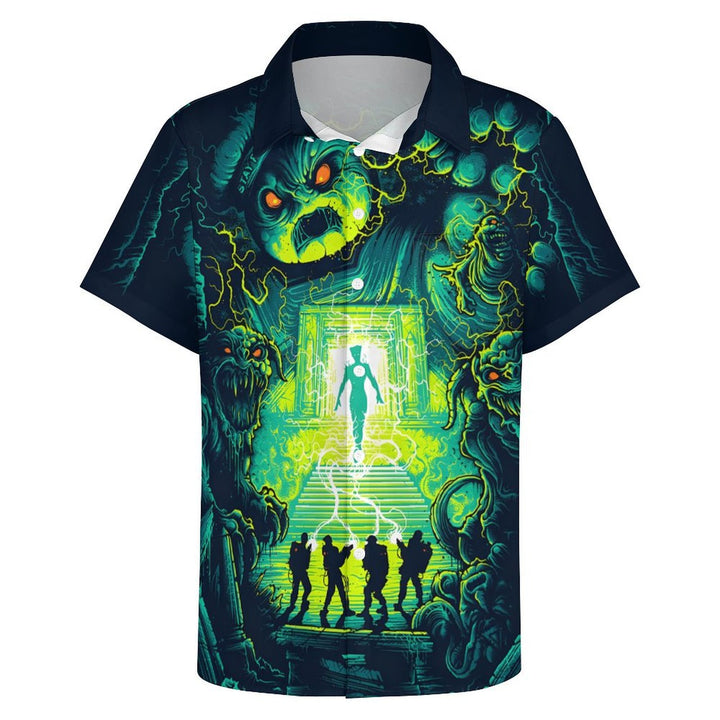 Psychedelic Sci-Fi Crazy Adventure Team And Ferocious Ghost Prints Casual Short Sleeve Shirt 2402000189