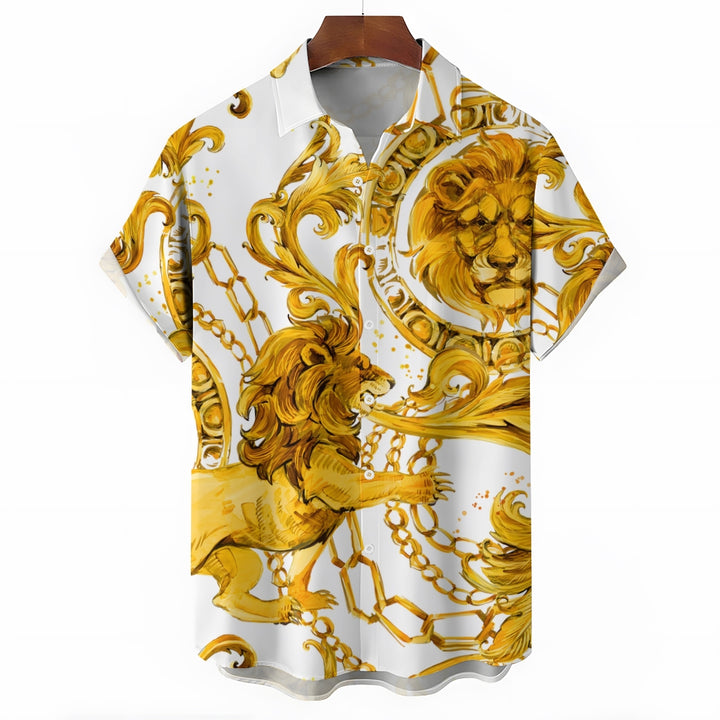 Men's Baroque Lion Chain Casual Short Sleeve Shirt 2403000129
