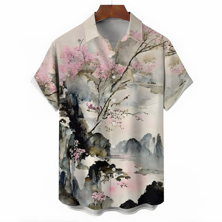 Men's Chinese Painting Ink Painting Art Casual Short Sleeve Shirt 2403000033