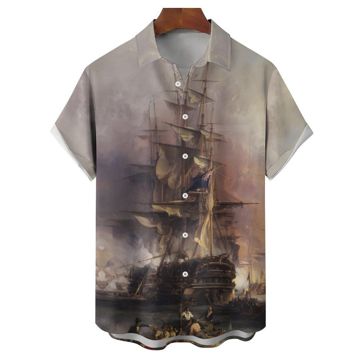 Nautical Boat Vintage Printed Men's Button Pocket Shirt 2312000521