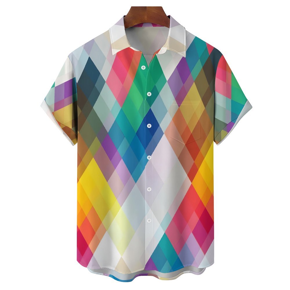 Men's Colorful Geometric Rhombus Casual Short Sleeve Shirt 2311000563