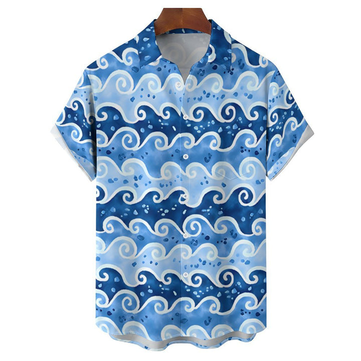 Vintage Japanese Wavy Blue Men's Art Shirt Ukiyoe Casual Short Sleeve Shirt 2402000119