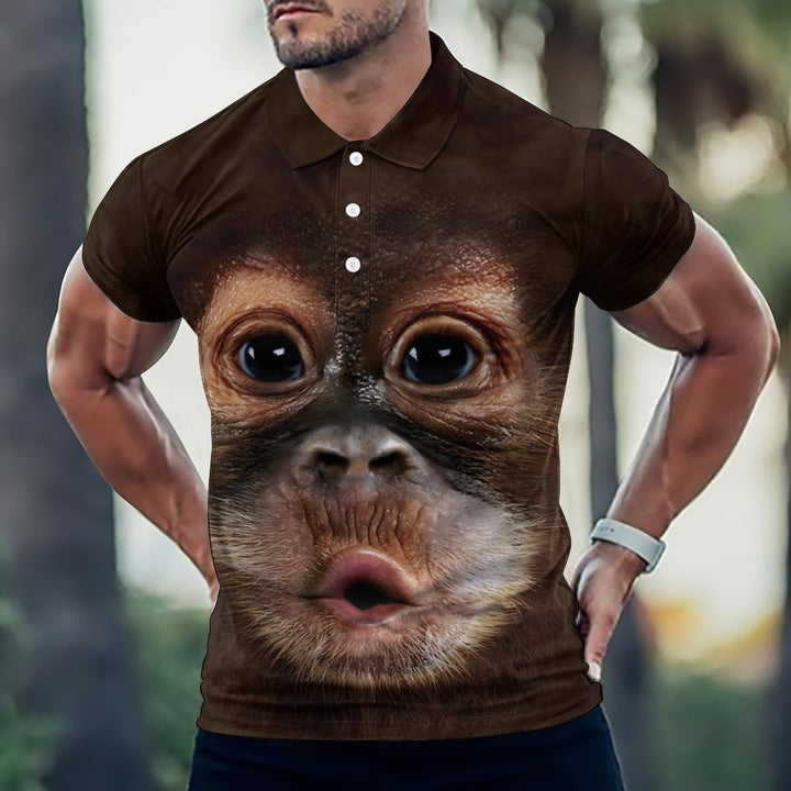 Men's Button Down Short Sleeve Exhaling Orangutan Printed Polo Shirt 2312000294