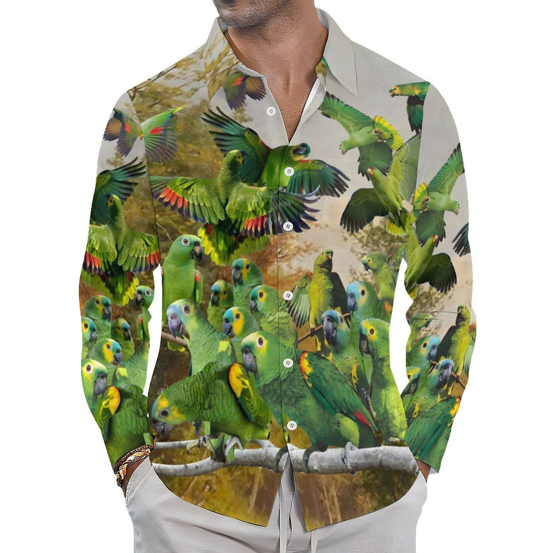 Men's Casual Parrot In The Woods Printed Long Sleeve Shirt 2312000208