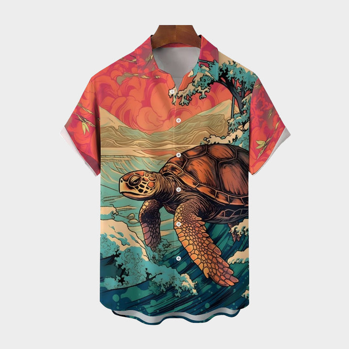 Ukiyoe Art Style Sea Turtle Casual Short Sleeve Shirt 2402000124