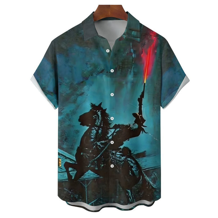 Men's Retro Denim Print Casual Short Sleeve Shirt 2402000360