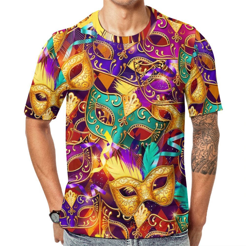 Men's Round Neck Mardi Gras Mask Casual T-Shirt 2312000402