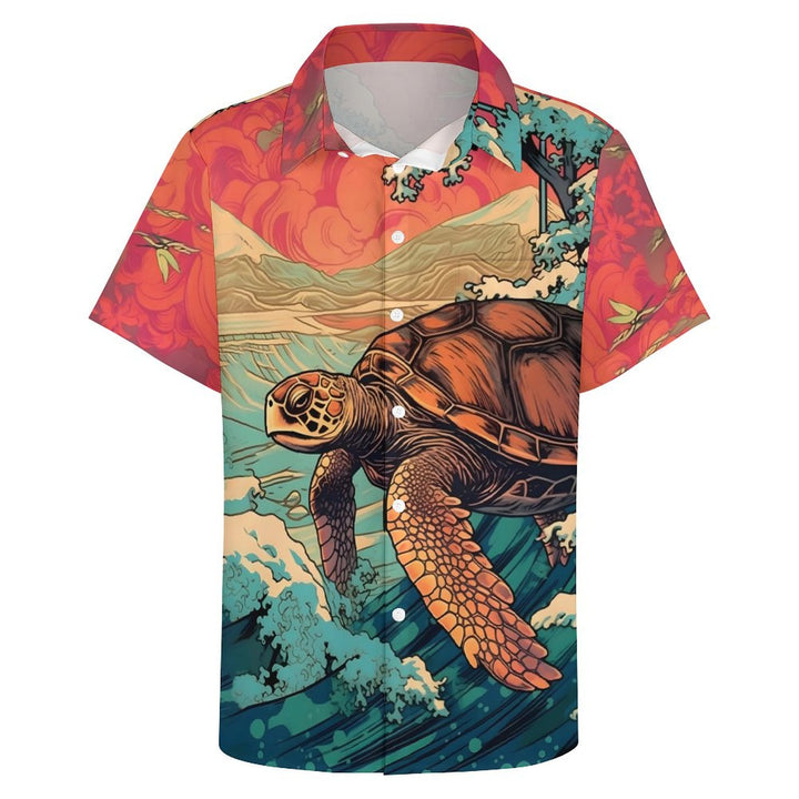 Ukiyoe Art Style Sea Turtle Casual Short Sleeve Shirt 2402000124