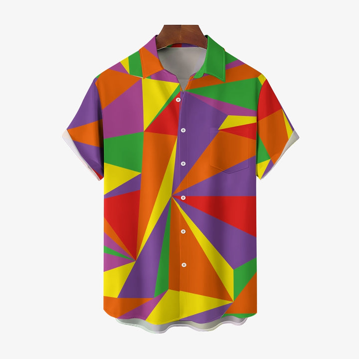 Geometric Color Block Patchwork Print Casual Short Sleeve Shirt 2403000048