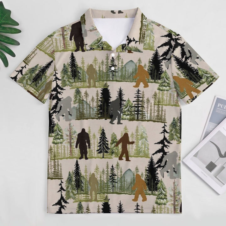 Men's Button-Down Short Sleeve Bigfoot Print Polo Shirt 2312000282