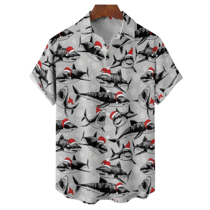 Christmas Sharks Chest Pocket Short Sleeve Shirt 2311000457