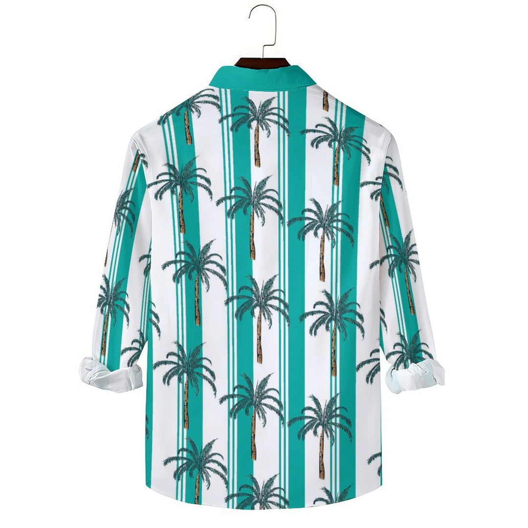 Men's Casual Coconut Palm Stripes Printed Long Sleeve Shirt 2403000050