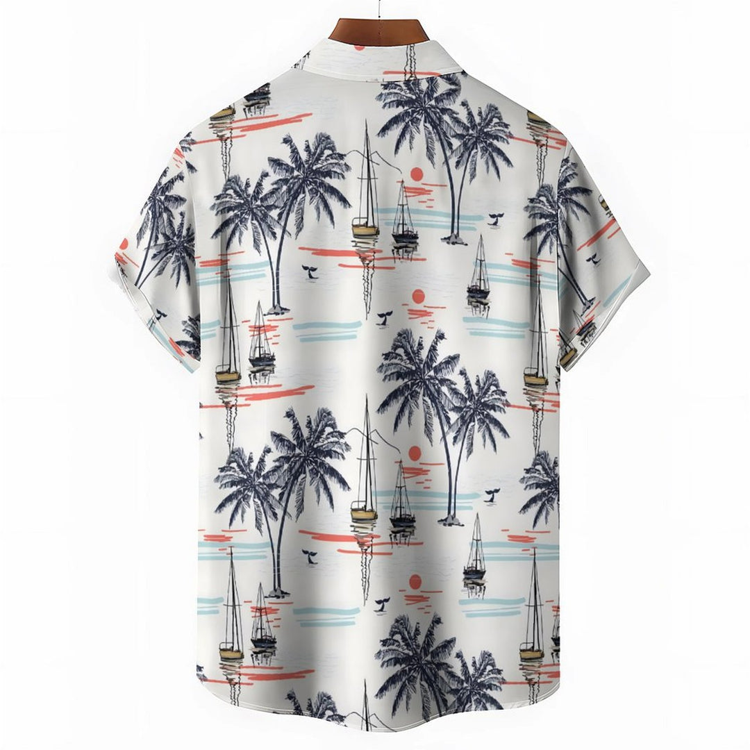Men's Hawaiian Coconut Palm Sailboat Casual Short Sleeve Shirt 2402000278