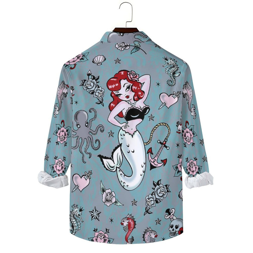 Men's Casual Mermaid and Sailor Printed Long Sleeve Shirt 2402000337