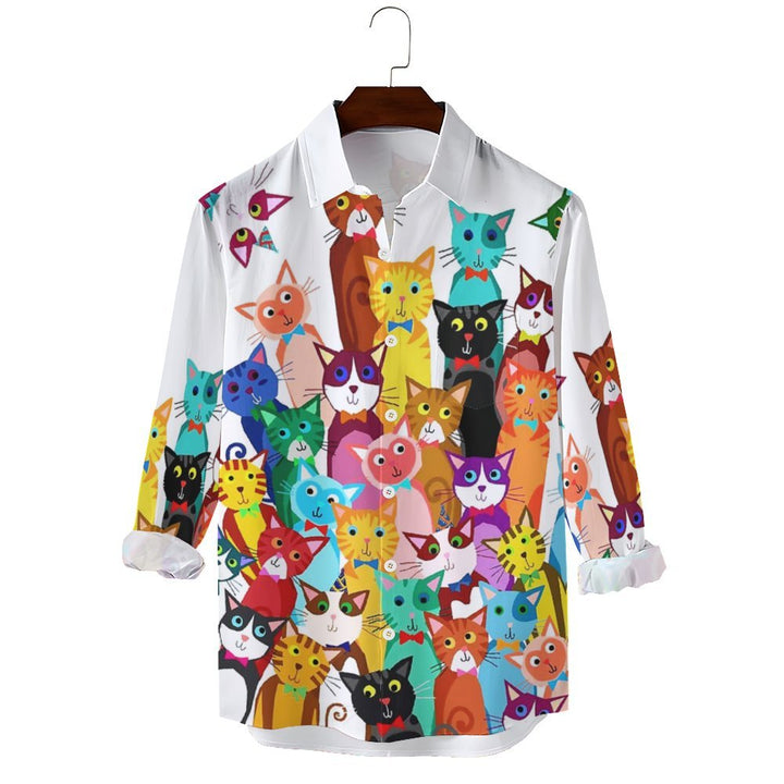 Men's Casual Colorful Cats Printed Long Sleeve Shirt 2312000343