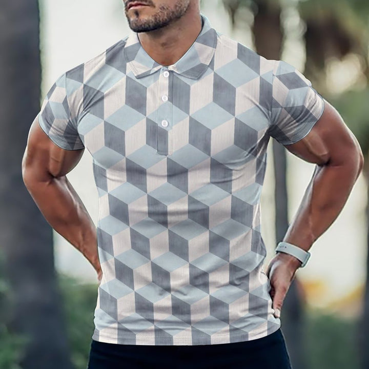 Men's Button-Down Short Sleeve 3D Geometric Print Polo Shirt 2312000155