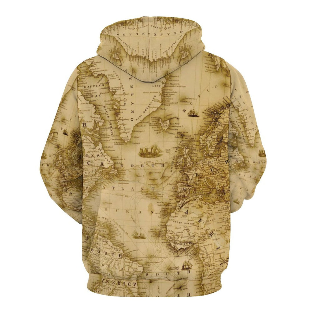 Unisex Casual Vintage Map Pocket Hoodie2308100068