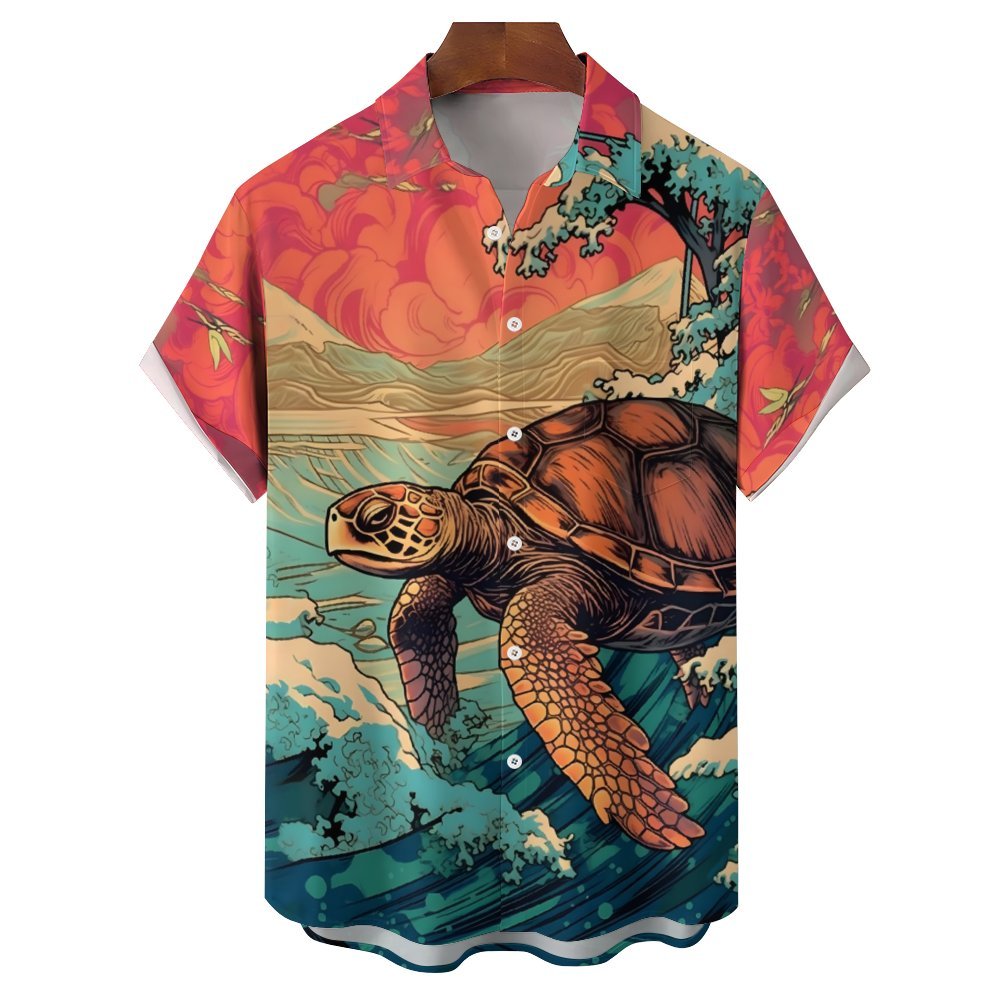 Ukiyoe Art Style Sea Turtle Casual Short Sleeve Shirt 2402000124