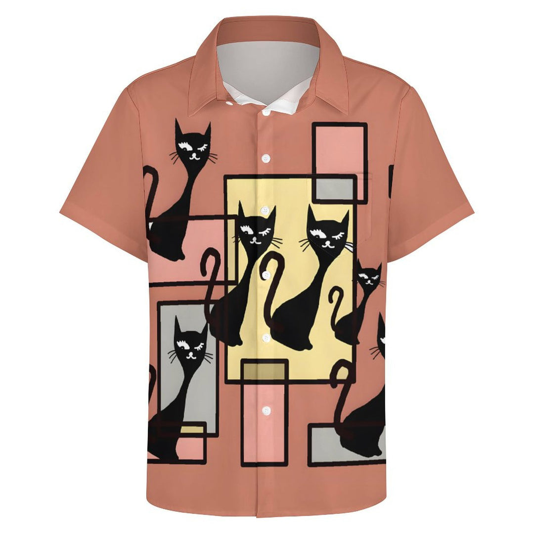 Geometric Black Cat Casual Short Sleeve Shirt 2401000101