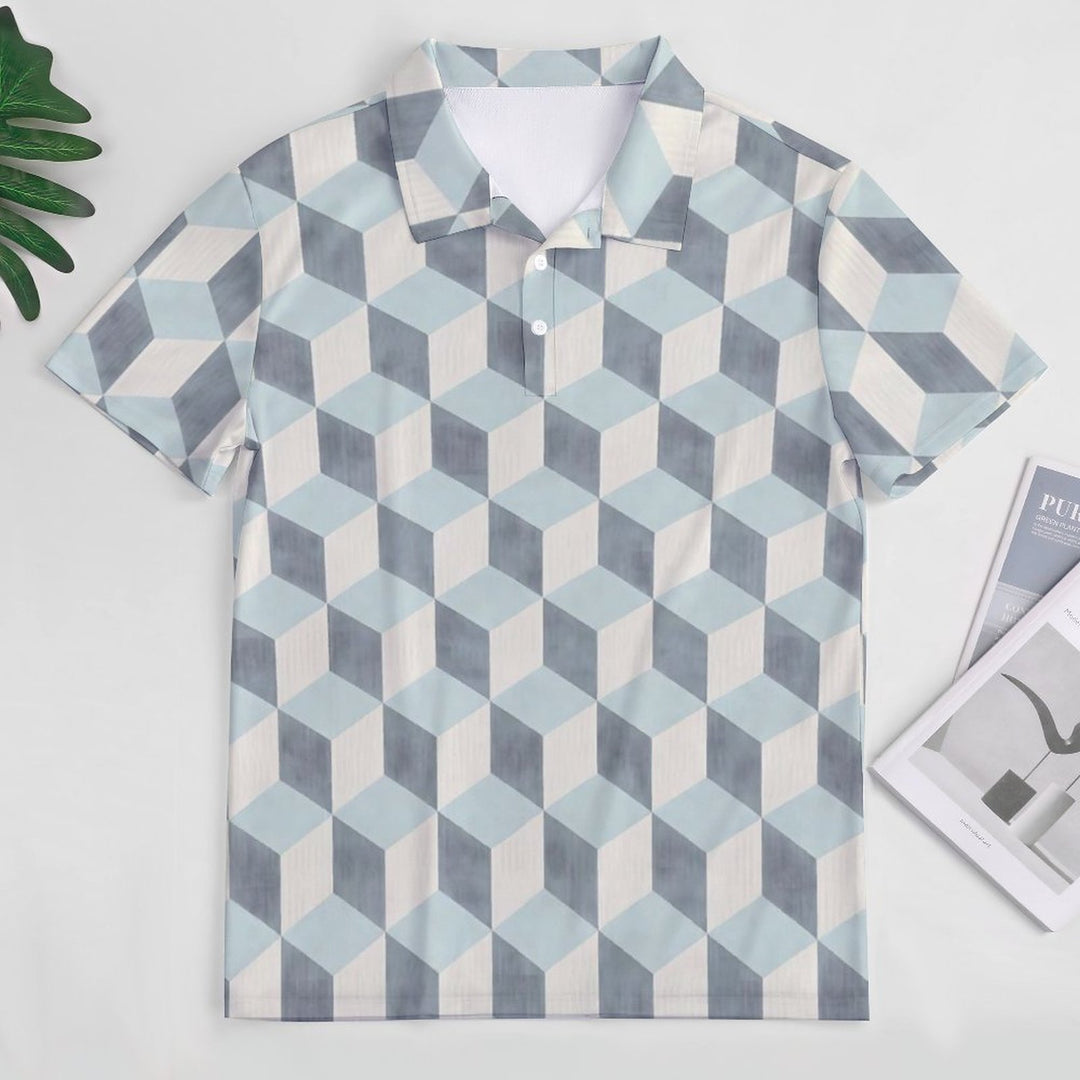 Men's Button-Down Short Sleeve 3D Geometric Print Polo Shirt 2312000155