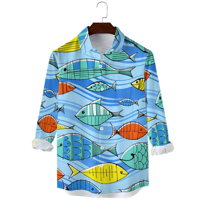 Men's Casual Fish Printed Long Sleeve Shirt 2401000161