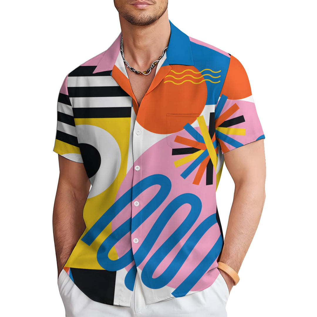 Men's Cartoon Geometric Splicing Casual Short Sleeve Shirt 2403000130