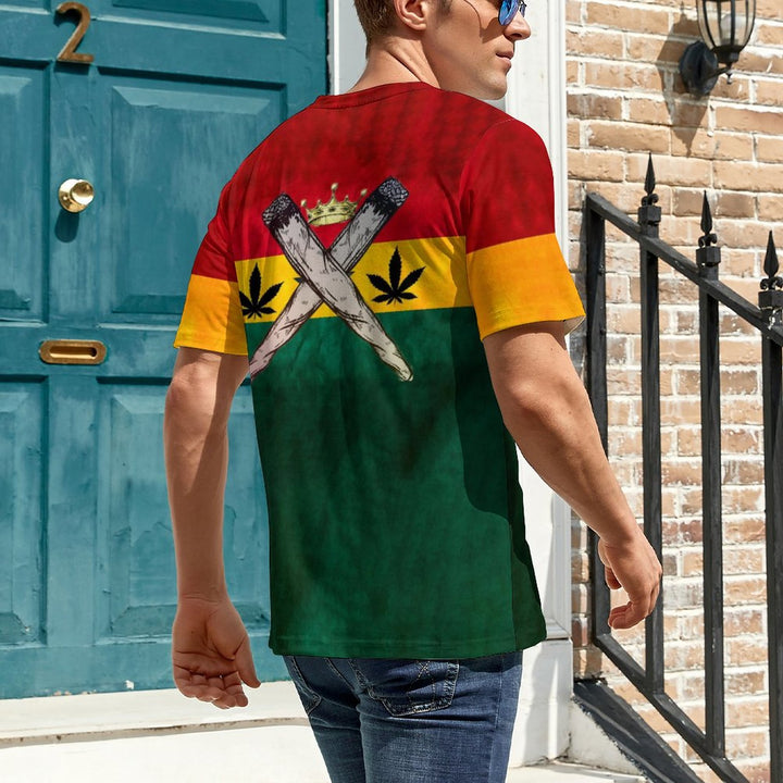 Men's Round Neck Leaf Flag Color Block Casual T-Shirt 2312000380