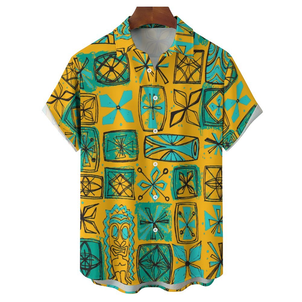 Men's Tiki Art Print Casual Short Sleeve Shirt 2402000205