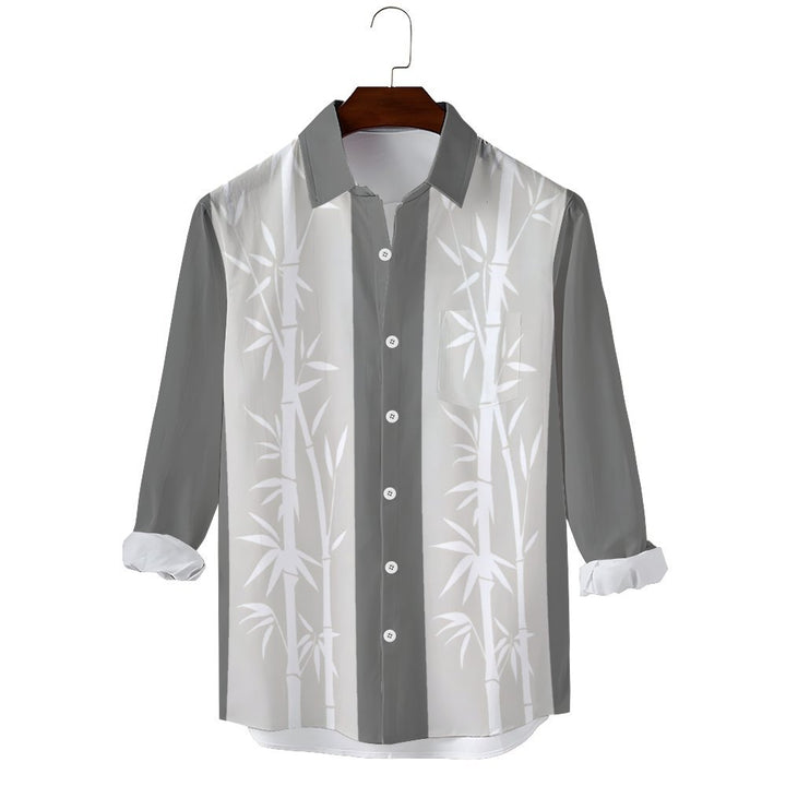 Men's Casual Vintage Bamboo Classic Stripes Printed Long Sleeve Shirt 2403000051