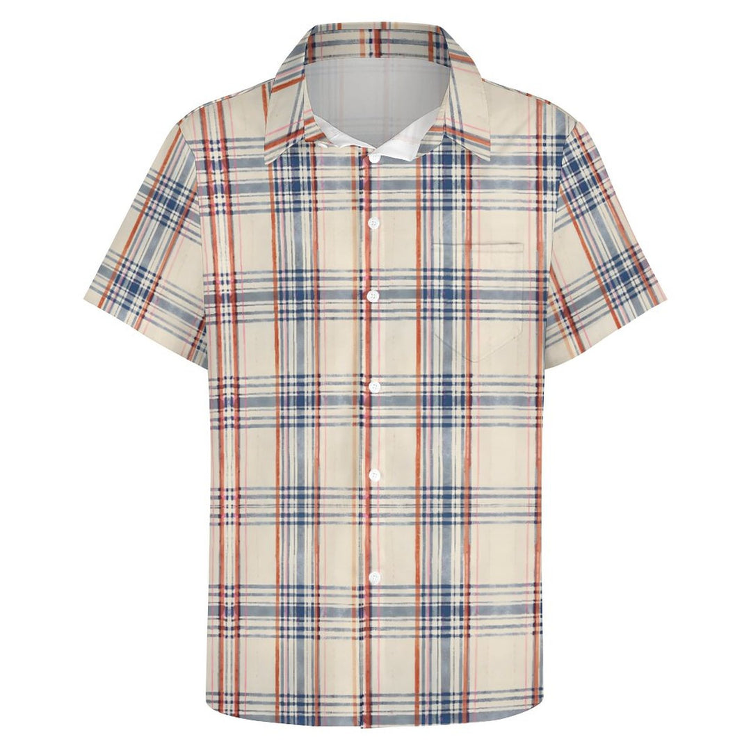 Beach Vacation Off-White Plaid Casual Short Sleeve Shirt 2312000188