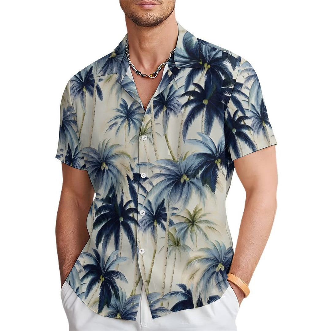 Beach Vacation Khaki Men's Hawaiian Shirt Vintage Coconut Tree Pocket Camping Shirt 2401000088