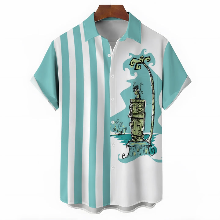 TIKI Art Stripe Print Casual Short Sleeve Shirt 2403000457