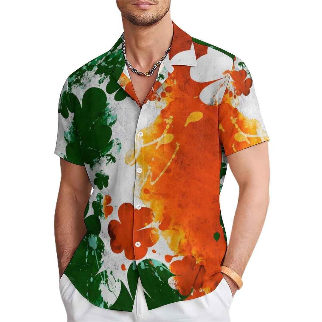 St. Patrick's Day Lucky Four Leaf Clover Casual Short Sleeve Shirt 2311000621